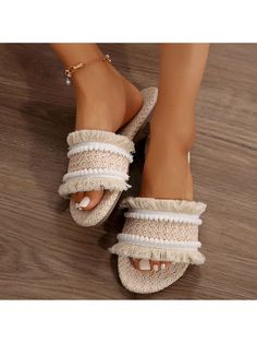 Stay stylish and comfortable this summer with Women's Raffia Flat Sandals!The straw woven style adds a boho touch to any beach or poolside outfit.Fringe crochet detail and raffia/rattan material create a unique and trendy look.Nonslip sole ensures safety while walking on wet or slickComfortable Summer Beach Weave Straw Flat Bottom Tassel Non Slip Slippers Beige Preppy    Animal    Women Shoes, size features are:Bust: ,Length: ,Sleeve Length: Straw Slippers, Poolside Outfit, Fringe Crochet, Dressy Sandals, Slides Women, Beach Slippers, Fashion Sandals, Crochet Details, Womens Sandals Flat