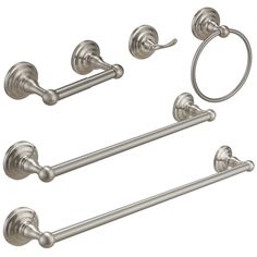 an image of bathroom hardware set in brushed steel finish with towel ring and toilet paper holder