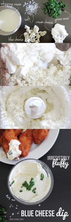 the ingredients to make blue cheese dip are shown in three different pictures, including cream and sour cream