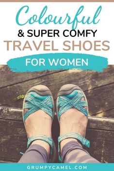 a woman's feet wearing sandals with the words colorful and super comfy travel shoes for women