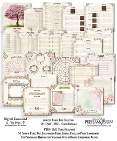 the digital planner is shown with pink flowers and trees on it, along with other papers