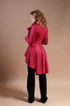 Wool winter coat for women. High low red overcoat with belt. The products are made to order so any size will be ready for shipping in 2-3 weeks after payment. If you don't have a standard size, please send me your measurements following the instructions from this video: https://www.youtube.com/watch?v=TMaGDaDHY_M S (36) bust: 83cm waist: 64cm hips: 89cm M (38) bust: 87cm waist: 68cm hips: 93cm L (40) bust: 91cm waist: 72cm hips: 97cm 42 - bust 95cm waist 76cm hips 101cm 44 - bust-100cm waist 81c Fitted Knee-length Winter Outerwear, Solid Knee-length Winter Outerwear, Fitted Knee-length Outerwear For Winter, Elegant Knee-length Winter Outerwear, Chic Winter Outerwear With Asymmetrical Hem, Chic Asymmetrical Winter Outerwear, Chic Asymmetrical Outerwear For Winter, Elegant Winter Outerwear With Asymmetrical Hem, High Low Coat