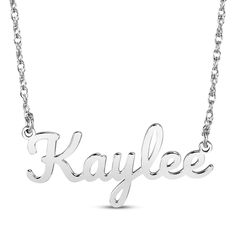 Show off what makes you unique or surprise someone special with this customized name necklace. Styled in an elegant script font, the name of your choice—up to 9 letters—is crafted in 10K white gold and centered amidst a festoon rope chain. The 16-inch necklace has a 2-inch extender and secures with a spring ring clasp. Customized Silver Name Necklace For Formal Occasions, White Gold Mother's Day Name Necklace, Signature Silver Name Necklace, Silver Signature Style Name Necklace, Silver Nameplate Necklace For Formal Occasions, Elegant Custom Text Name Necklace For Anniversary, Elegant Anniversary Name Necklace With Custom Text, Formal Personalized Silver Name Necklace, Formal White Gold Name Necklace