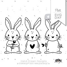 three rabbits sitting next to each other with the words plott svg dxf