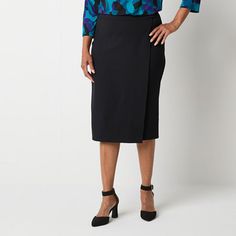 This Liz Claiborne women's pencil skirt is a comfortable and versatile piece for your wardrobe thanks to its stretch fabric and midi-length. It's made from ponte and features a flattering faux-wrap design and a mid-rise elastic-waist. Pair it with a tucked-in blouse and heels. Front Style: Flat FrontFeatures: Stretch FabricClosure Type: Full ElasticRise: Mid RiseApparel Length: 26.5 InchesFiber Content: 70% Rayon, 25% Nylon, 5% SpandexFabric Description: PonteLining: UnlinedSkirt Length: Midi Le Asymmetrical Stretch Pencil Skirt, Asymmetrical Pencil Skirt For Office In Spring, Spring Office Asymmetrical Pencil Skirt, Asymmetrical Pencil Skirt For Spring Office Wear, Black Asymmetrical Pencil Skirt For Work, Workwear Stretch Asymmetrical Mini Skirt, Asymmetrical Stretch Mini Skirt For Work, Midi Pencil Skirt, Womens Pencil Skirts