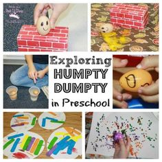 there is a collage of images with words and pictures on them that say, exploring humpty dumpy in preschool