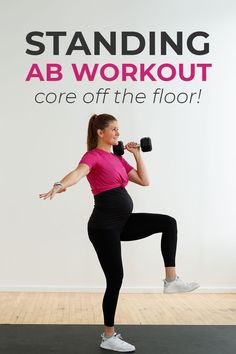 a woman is doing an exercise with dumbbells in front of a sign that reads standing ab workout, core off the floor