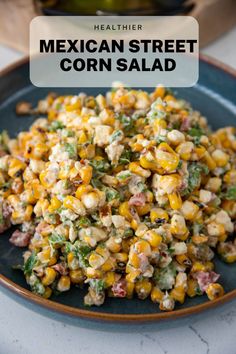 mexican street corn salad on a blue plate