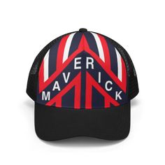 Maverick Trucker Hat with Top Gun Helmet Graphic Trucker Hat With Graphic Print, Black Trucker Hat With Graphic Print, Graphic Print Trucker Hat, Black Graphic Print Trucker Hat, Trucker Baseball Cap For Sports Events With Flat Brim, Patriotic Black Snapback Trucker Hat, Black Patriotic Snapback Trucker Hat, Trucker Baseball Cap With Flat Brim For Sports Events, Adjustable Black Patriotic Trucker Hat