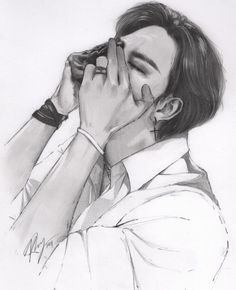 a pencil drawing of a man holding his hands to his face