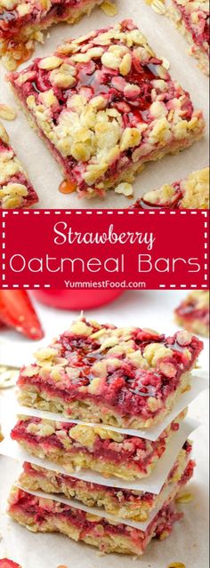 strawberry oatmeal bars stacked on top of each other with the title above it