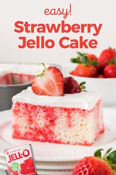 a slice of strawberry jello cake on a plate