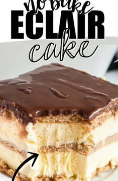 no bake eclair cake on a white plate with the words easy recipe below it