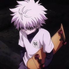 an anime character with white hair holding a skateboard