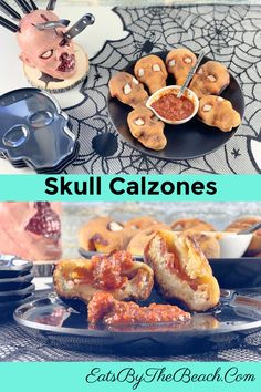 two pictures with the words skull calzones on them and an image of some pastries