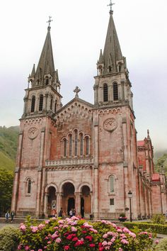 an old church with two towers and pink flowers in the foreground