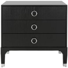 a black nightstand with three drawers and chrome handles