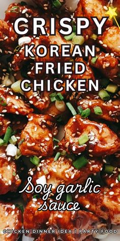 This crispy Korean fried chicken recipe in soy garlic sauce is a delicious chicken dinner idea. It’s super delicious and impressive for a party too! Imagine crispy chicken mixed in the most delicious sticky, sweet and savory sauce, yum! This honey soy Korean fried chicken is super easy to make and is ready in less than an hour. Unbelievable! This easy Korean fried chicken with soy garlic sauce is the absolute best. Go ahead and make a  Korean fried chicken dinner today, you'll love it! Chicken Karaage Sauce, Honey Garlic Korean Fried Chicken, Korean Chicken Nuggets, Soy Garlic Korean Fried Chicken Sauce, Korean Bbq Chicken Marinade, Korean Fried Chicken Recipe Soy Garlic, Crispy Chinese Chicken, Korean Chicken Aesthetic, Asian Food Recipes Korean