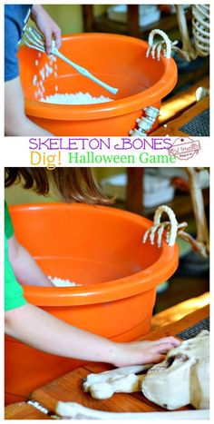 two pictures showing how to make skeleton bones in an orange bowl with white sprinkles