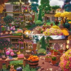 an animated garden with lots of flowers and plants in the center, surrounded by small buildings