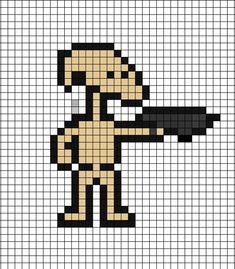 A pixel art template of a B One Series Battle Droid from Star Wars Attack of the Clones. Alpha Patterns Star Wars, Dice Pixel Art, Star Wars Alpha Pattern, Starwars Pixelart, Star Wars Perler Beads, Dog Birthday Party Pets, Alpha Crochet, Hammer Beads