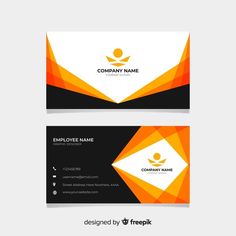 a business card with an orange and black geometric pattern on the front, side and back