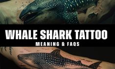 two different tattoos with sharks and fish on their arms, one is black and the other is white