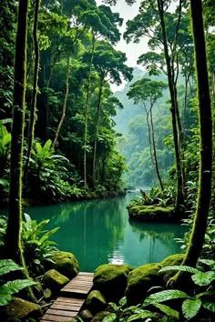 there is a wooden walkway leading to the water in the forest with green plants and rocks