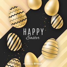 an easter card with golden eggs on a black and white striped background that says happy easter