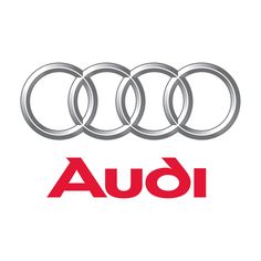 the audi logo is shown in red and grey, with an image of three rings