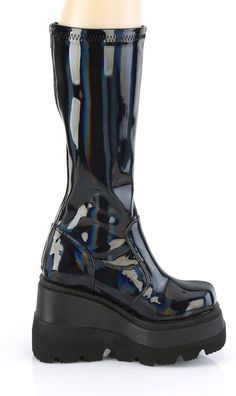 4 1/2" Wedge Platform STR Knee High Boot, Back Zipper - Fit Guide: True To Size - Heel Specifications: 4 1/2" Wedge Platform - Country of Origin: Imported - Brand: Demonia Hologram Shoes, Emo Boots, Stretch Knee High Boots, Demonia Boots, Alternative Shoes, Demonia Shoes, Pink Platforms, Glitter Boots, Knee Boot