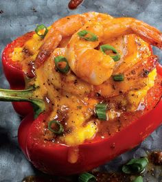 a red pepper stuffed with shrimp and cheese