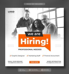 an orange and black flyer for hiring