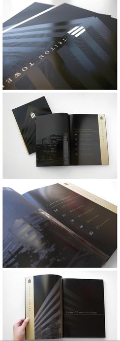 an open book with black pages and gold foil on the front, inside and out