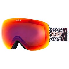 a pair of ski goggles with an animal print pattern on the side and red lens