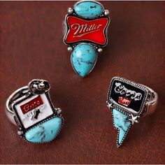 Beer Turquoise Adjustable Ring. Choose From White Coors, Black Coors Or Miller. All Items Come From A Non Smoking Home. Follow Rhinestone Gal Boutique On Facebook. Www.Rhinestonegal.Com Shein Products, Western Rings, Estilo Hip Hop, Cowboy Style, Girl Jewelry, Watches Women Fashion, Cow Boy, Kids Beachwear, White Ring