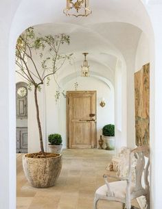 an archway leading to a foyer with two chairs and a potted tree in it