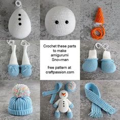 crochet these parts to make an amigurmi snowman