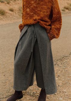 Wool Flannel Tie Front Culottes | Grey Melange | TOAST Flannel Tie, Pleated Culottes, Checked Pants, Delicate Jewellery, Workwear Jeans, Checked Trousers, Pants Denim, Stitching Details, Wool Flannel