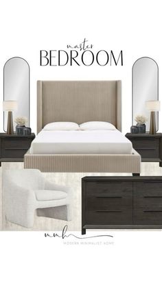 a bedroom with furniture and decor including a bed, dresser, mirror, chair and nightstand