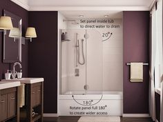 a bathroom with purple walls and white fixtures