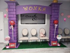 a stage set up with chairs and balloons for a children's birthday party at worka