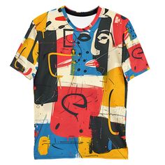 a colorful t - shirt with an abstract design on the front and back, all over it