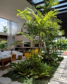 an indoor living area with plants and tables