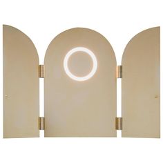 an arch with a circular light in the center and two columns on each side, against a white background