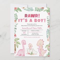 a baby shower is shown with pink dinosaurs and palm leaves on the bottom half of it