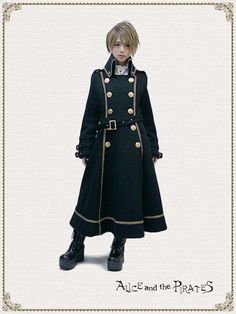 an anime character wearing a black coat with gold trimmings and a white background