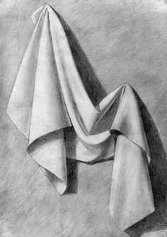 a black and white drawing of a folded up cloth on a tablecloth, with the top half draped over