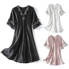 Elegant V-neck Dress For Pajama Party, V-neck Nightgown With Lace Trim For Pajama Party, V-neck Lace Trim Nightgown For Pajama Party, Elegant Short Sleeve Nightgown For Loungewear, Elegant Short Sleeve Nightgown For Bedtime, V-neck Dress With Lace Trim For Pajama Party, Elegant Short Sleeve Nightgown, Elegant V-neck Dress For Sleepover, Elegant Short Sleeve Sleepwear With Lace Trim