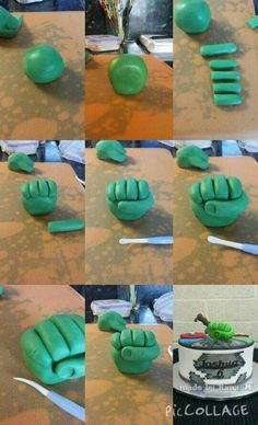 several pictures of green dough being made with plastic spoons and spatulas on a table